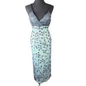 Michaelangelo Vintage Silk Beaded Sequin Floral Maxi Gown Blue Green Womens XXS